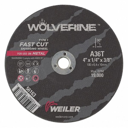 Abrasive Cut-Off Wheel, Type 1, 4 in Dia, 0.25 in Thick, 3/8 in Arbor Hole Size, Aluminum Oxide MPN:56163