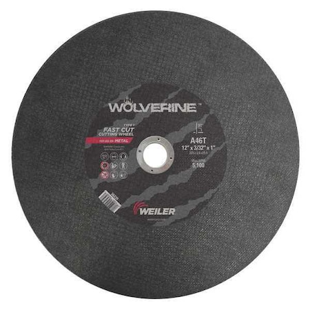 Abrasive Cut-Off Wheel, Type 1, 12 in Dia, 0.0938 in Thick, 1 in Arbor Hole Size, Aluminum Oxide MPN:56239