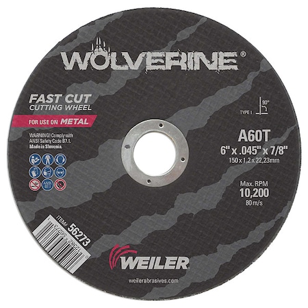Abrasive Cut-Off Wheel, Type 1, 6 in Dia, 0.045 in Thick, 7/8 in Arbor Hole Size, Aluminum Oxide MPN:56273