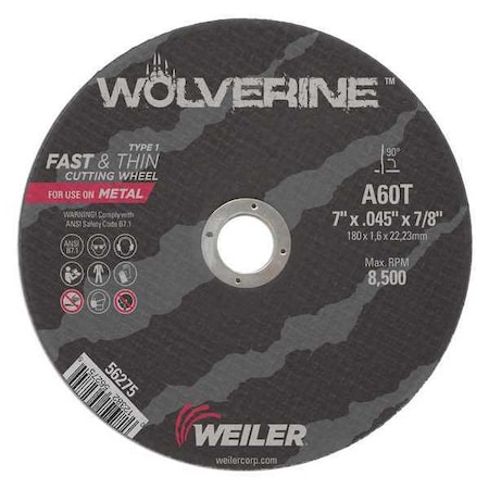 Abrasive Cut-Off Wheel, Type 1, 7 in Dia, 0.045 in Thick, 7/8 in Arbor Hole Size, Aluminum Oxide MPN:56275
