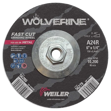 Grinding Wheel, Type 27, 6 in Dia, 0.25 in Thick, 5/8 in-11 UNC Nut Arbor Hole Size, Aluminum Oxide MPN:56279