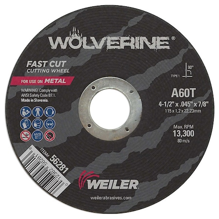 Abrasive Cut-Off Wheel, Type 1, 4 1/2 in Dia, 0.045 in Thick, 7/8 in Arbor Hole Size, 60 Grit MPN:56281