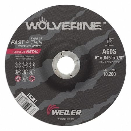 Cutting Wheel, Type 27, 6 in Dia, 0.045 in Thick, 7/8 in Arbor Hole Size, Aluminum Oxide MPN:56283