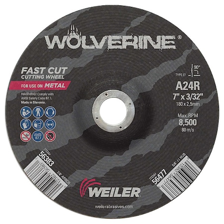 Cutting Wheel, Type 27, 7 in Dia, 0.0938 in Thick, 7/8 in Arbor Hole Size, Aluminum Oxide, 24 Grit MPN:56383
