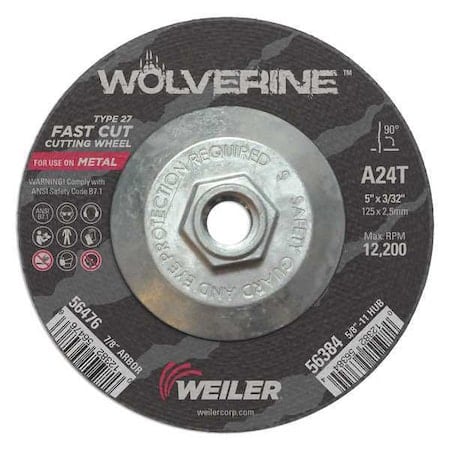Cutting Wheel, Type 27, 5 in Dia, 0.0938 in Thick, 5/8 in-11 UNC Nut Arbor Hole Size MPN:56384