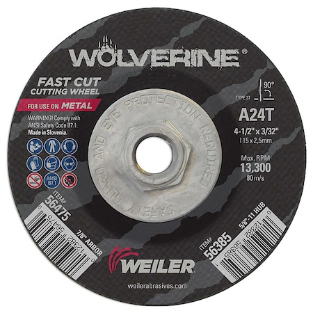 Cutting Wheel, Type 27, 4 1/2 in Dia, 0.0938 in Thick, 5/8 in-11 UNC Nut Arbor Hole Size, 24 Grit MPN:56385