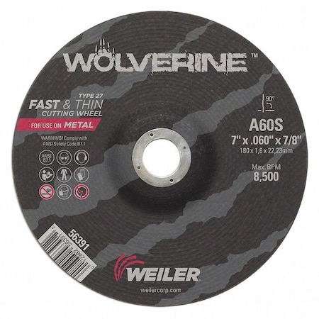 Cutting Wheel, Type 27, 7 in Dia, 0.06 in Thick, 7/8 in Arbor Hole Size, Aluminum Oxide MPN:56391