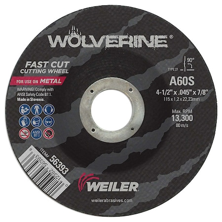 Cutting Wheel, Type 27, 4 1/2 in Dia, 0.045 in Thick, 7/8 in Arbor Hole Size, Aluminum Oxide MPN:56393