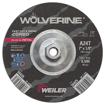 Cutting Wheel, Type 27, 7 in Dia, 0.125 in Thick, 5/8 in-11 UNC Nut Arbor Hole Size, Aluminum Oxide MPN:56425