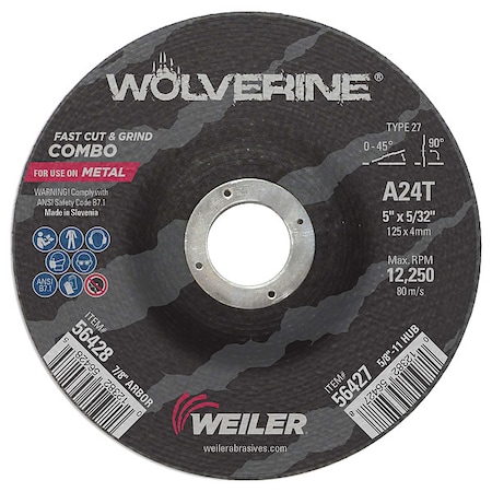 Cutting Wheel, Type 27, 5 in Dia, 0.125 in Thick, 7/8 in Arbor Hole Size, Aluminum Oxide, 24 Grit MPN:56428