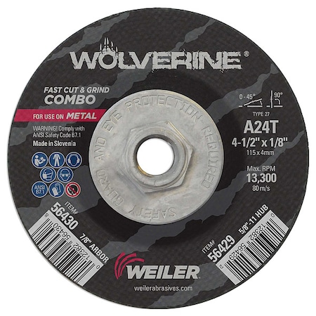 Cutting Wheel, Type 27, 4 1/2 in Dia, 0.125 in Thick, 5/8 in-11 UNC Nut Arbor Hole Size, 24 Grit MPN:56429