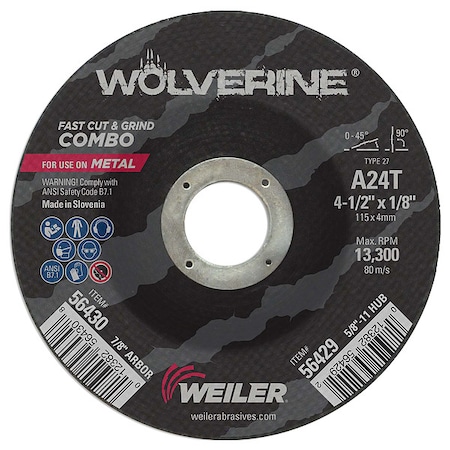 Cutting Wheel, Type 27, 4 1/2 in Dia, 0.125 in Thick, 7/8 in Arbor Hole Size, Aluminum Oxide MPN:56430