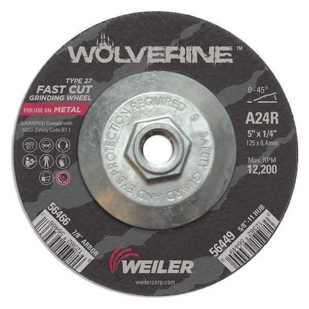 Grinding Wheel, Type 27, 5 in Dia, 1/4 in Thick, 5/8 in-11 UNC Nut Arbor Hole Size, Aluminum Oxide MPN:56449
