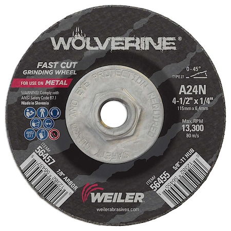 Grinding Wheel, Type 27, 4 1/2 in Dia, 0.25 in Thick, 5/8 in-11 UNC Nut Arbor Hole Size, 24 Grit MPN:56455