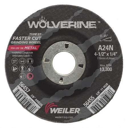 Grinding Wheel, Type 27, 4 1/2 in Dia, 1/4 in Thick, 7/8 in Arbor Hole Size, Aluminum Oxide MPN:56457