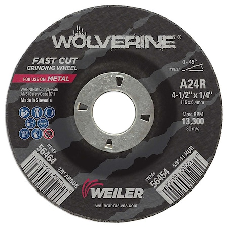 Grinding Wheel, Type 27, 4 1/2 in Dia, 0.25 in Thick, 7/8 in Arbor Hole Size, Aluminum Oxide MPN:56464