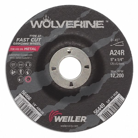 Grinding Wheel, Type 27, 5 in Dia, 1/4 in Thick, 7/8 in Arbor Hole Size, Aluminum Oxide MPN:56466