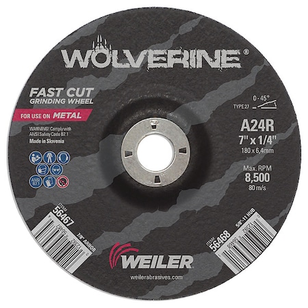 Grinding Wheel, Type 27, 7 in Dia, 0.25 in Thick, 7/8 in Arbor Hole Size, Aluminum Oxide, 24 Grit MPN:56467