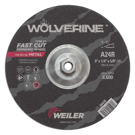 Grinding Wheel, Type 27, 9 in Dia, 1/4 in Thick, 5/8 in-11 UNC Nut Arbor Hole Size, Aluminum Oxide MPN:56470