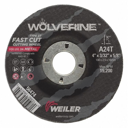 Cutting Wheel, Type 27, 4 in Dia, 0.0938 in Thick, 5/8 in Arbor Hole Size, Aluminum Oxide MPN:56474