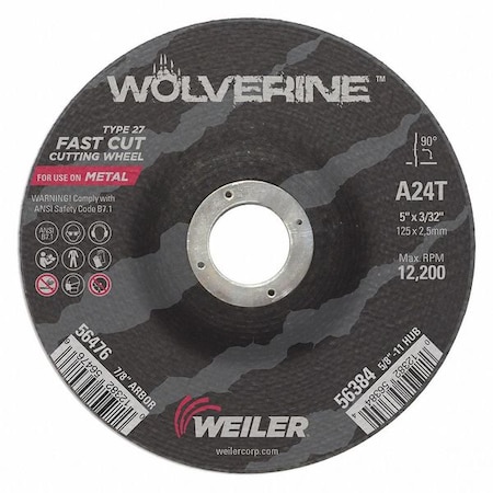 Cutting Wheel, Type 27, 5 in Dia, 0.0938 in Thick, 7/8 in Arbor Hole Size, Aluminum Oxide MPN:56476