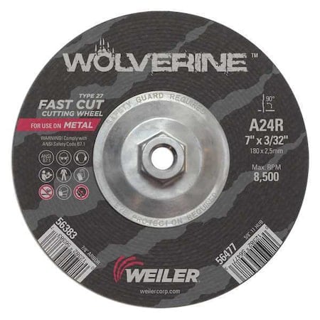 Cutting Wheel, Type 27, 7 in Dia, 0.0938 in Thick, 5/8 in-11 UNC Nut Arbor Hole Size MPN:56477