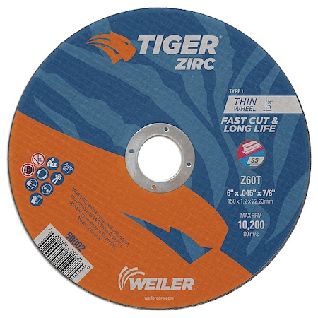 Abrasive Cut-Off Wheel, Type 1, 6 in Dia, 0.045 in Thick, Zirconia Alumina, 60 Grit MPN:58002