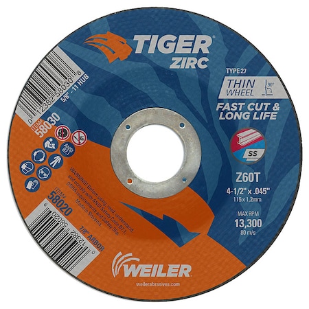 Cutting Wheel, Type 27, 4 1/2 in Dia, 0.045 in Thick, 7/8 in Arbor Hole Size, Zirconia Alumina MPN:58020