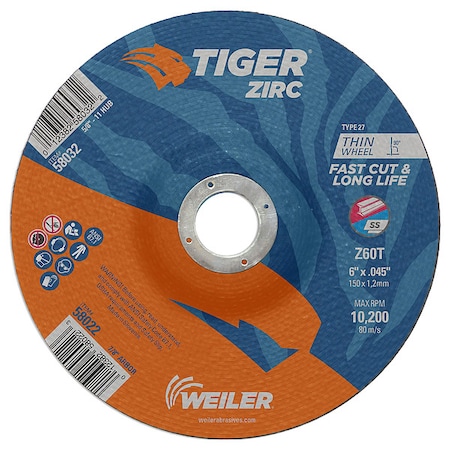 Cutting Wheel, Type 27, 6 in Dia, 0.045 in Thick, 7/8 in Arbor Hole Size, Zirconia Alumina, 60 Grit MPN:58022