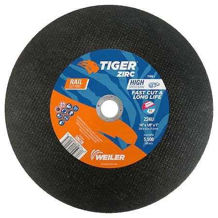 Abrasive Cut-Off Wheel, Type 1, 14 in Dia, 0.125 in Thick, 1 in Arbor Hole Size, Zirconia Alumina MPN:58028
