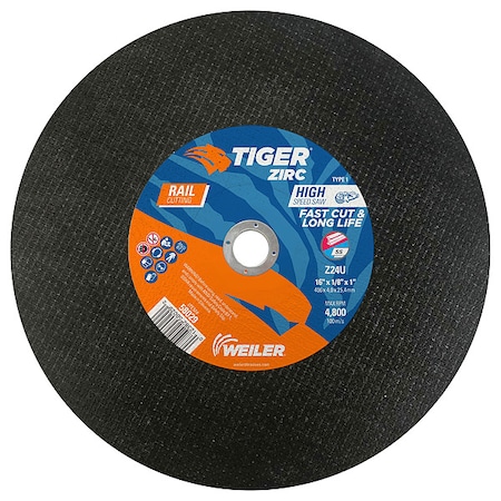 Abrasive Cut-Off Wheel, Type 1, 16 in Dia, 0.125 in Thick, 1 in Arbor Hole Size, Zirconia Alumina MPN:58029