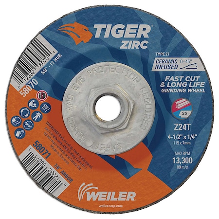 Grinding Wheel, Type 27, 4 1/2 in Dia, 0.25 in Thick, 5/8 in-11 UNC Nut Arbor Hole Size, 24 Grit MPN:58070