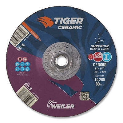 6 X 1/4 Tiger Ceramic T27 Grinding CER24R 5/8-11 MPN:58330