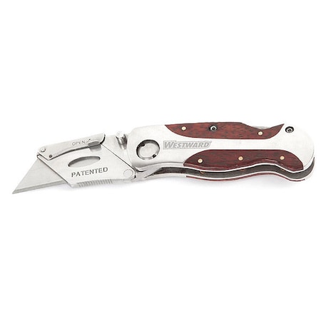 Folding Retractable Clip-Point Utility Knife, Silver/Wood Grain MPN:1YJD8