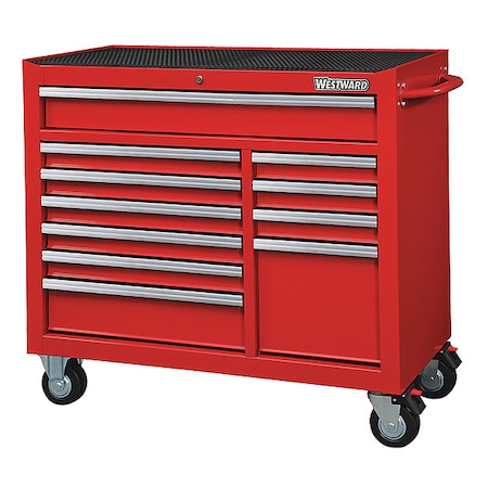 WESTWARD Rolling Tool Cabinet, 11-Drawers, Gloss Red, 42