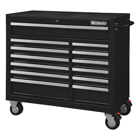 WESTWARD Rolling Tool Cabinet, 13-Drawers, Gloss Black, 42