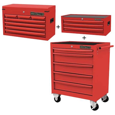WESTWARD Rolling Cabinet Kit, 15-Drawers Total, Powder Coated Red, 29