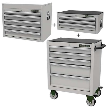 WESTWARD Rolling Cabinet Kit, Intermediate & Top Chest, 13-Drawers Total, Stainless Steel MPN:361LM9