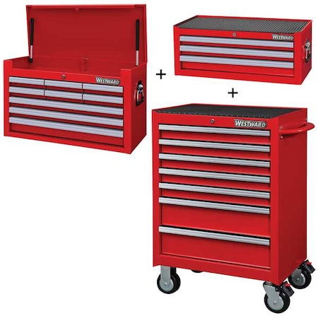 WESTWARD Rolling Cabinet Kit, Intermediate & Top Chest, 19-Drawers Total, Powder Coated Red MPN:361LN1