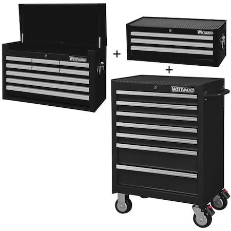 WESTWARD Rolling Cabinet Kit, Intermediate & Top Chest, 19-Drawers Total, Powder Coated Black MPN:361LN2