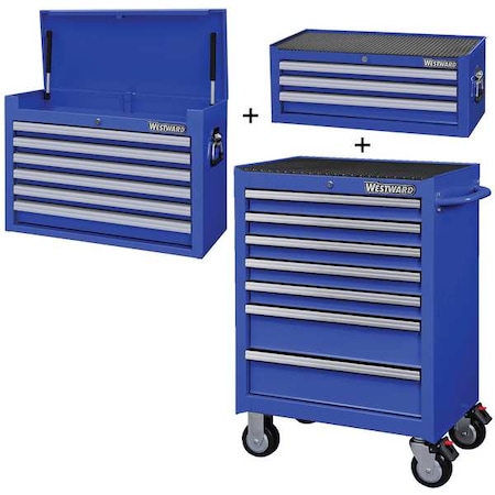 WESTWARD Rolling Cabinet Kit, 16-Drawers, Powder Coated Blue, 27