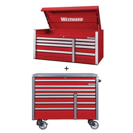 WESTWARD Rolling Cabinet Kit, 19 Drawer, Red, Steel, 54 in W x 26 in D x 73 in H MPN:361LP8