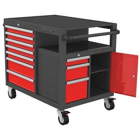 WESTWARD Rolling Tool Cabinet, 10-Drawers, Matte Gray & Red, 51