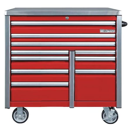 WESTWARD Rolling Tool Cabinet, 10-Drawers, Matte Red, 42
