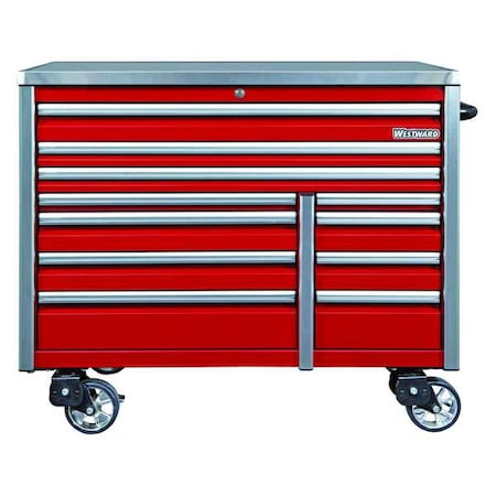 WESTWARD Rolling Tool Cabinet, 11 Drawer, Red, Steel, 54 in W x 26 in D x 48 in H MPN:49NR90