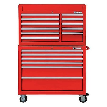 WESTWARD Tool Chest and Cabinet Combination, 17-Drawers, Powder Coated Red, 42