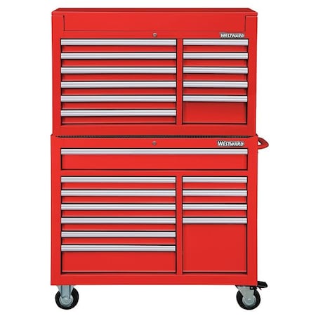 WESTWARD Tool Chest & Cabinet Combination, 22-Drawers, Powder Coated Red, 42
