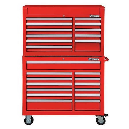 WESTWARD Tool Chest and Cabinet Combination, 24-Drawers, Powder Coated Red, 42