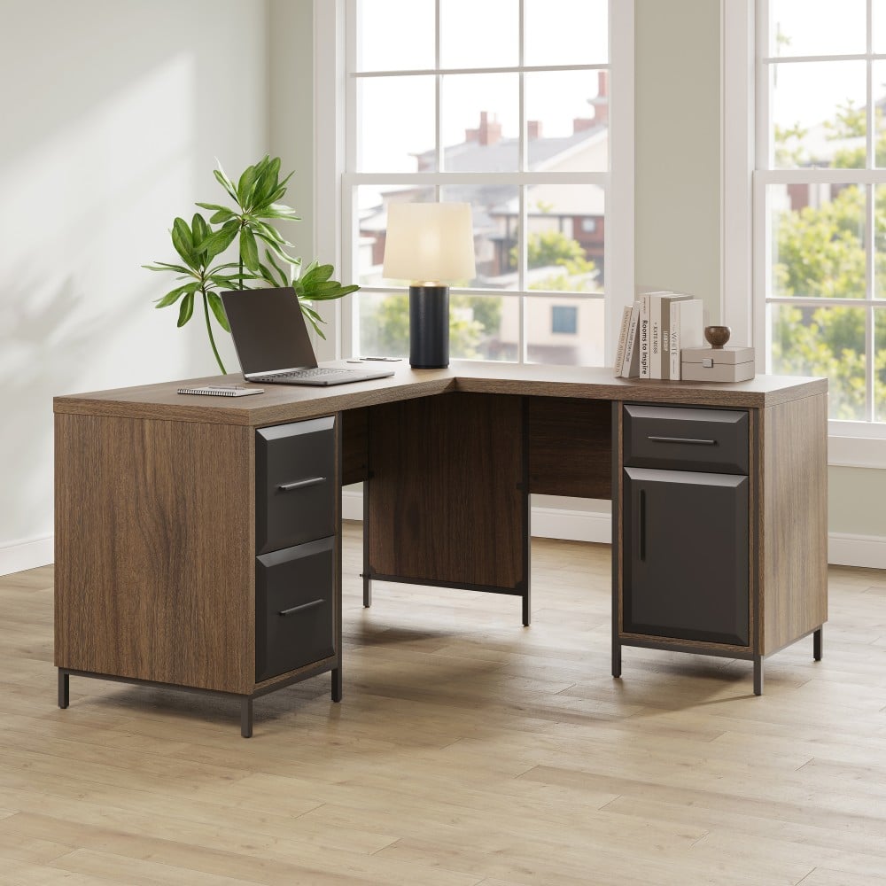 Thomasville Alderbrook 60inW L-Shaped Corner Desk With Integrated Power Outlet, Walnut/Matte Black MPN:OD-ALBK60LD-TV