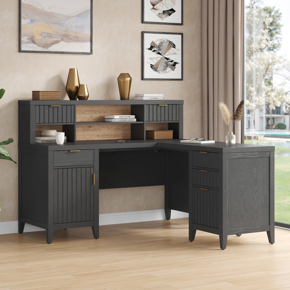 Thomasville Rivington 60inW L-Shaped Corner Desk & Hutch With Integrated Power Outlet, Raven Black MPN:OD-RVTN60LDH-TV